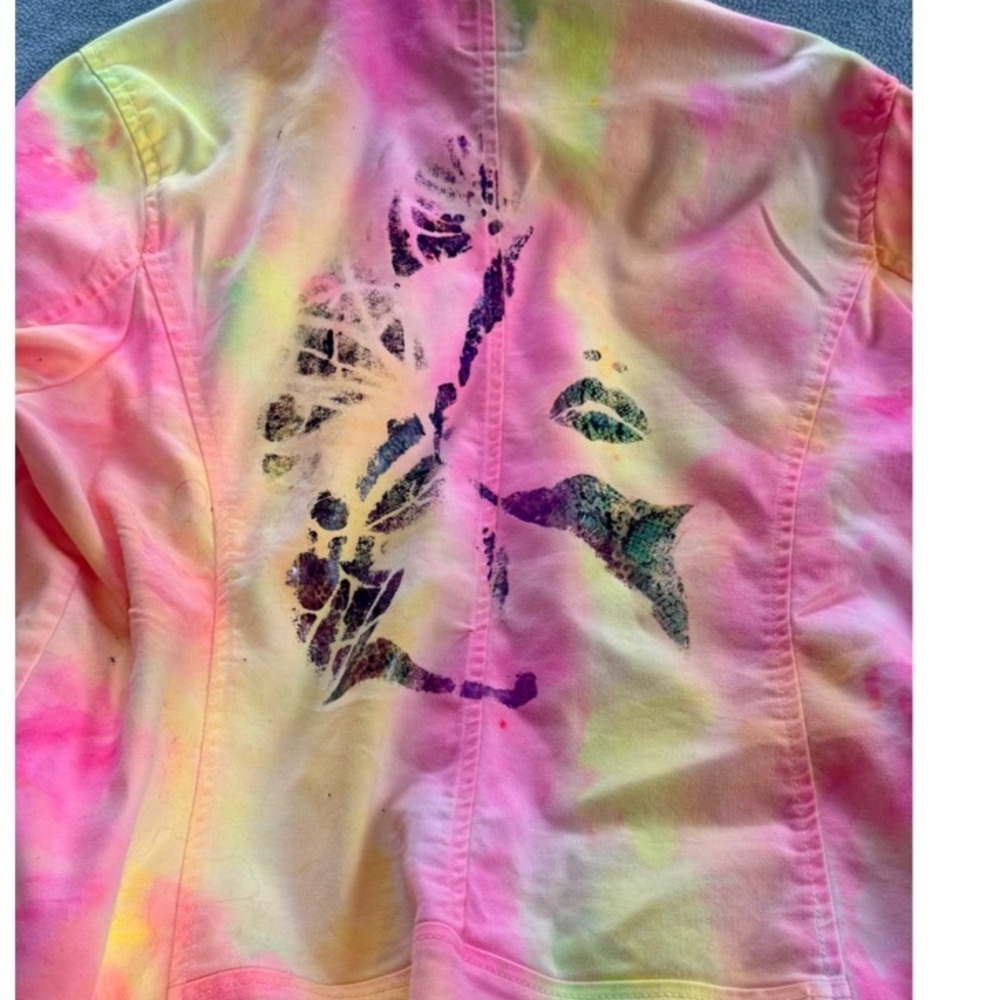 1 of 1 Upcycle Tie Dye Graphic Butterfly Face Denim Jacket Neon Pink Yellow 1X